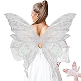 NUVCELKA Fairy Wings for Adults, Butterfly Costume with Lace Gloves, Large Fantasy Wings for Halloween Cosplay (White and Silver - Organza)