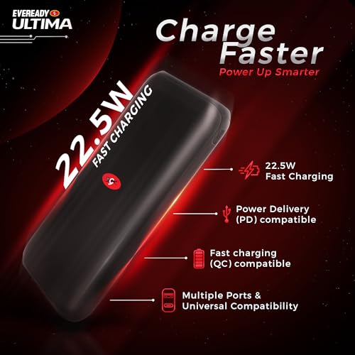 Image of Eveready Ultima Power Bank PB01,10,000mAh,22.5W Fast Charging PD & QC Compatible,Triple Output for iPhone,Android & Other Qi Enabled Devices,Universal Compatibility,Overcharging Protection,Black