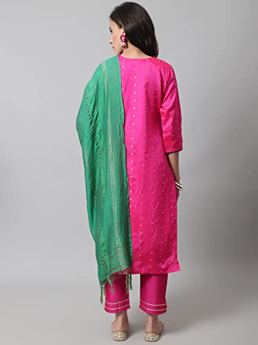 Image of VredeVogel Women's Silk Blend Embroidered Straight Kurta Trouser with Dupatta Set