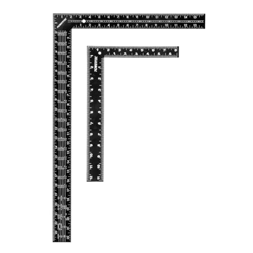 POWERTEC Carpenter Square Set 16x24 Framing Square w/Rafter Tables (1PK) & 8x12 Square Ruler with Imperial & Metric Graduations (1PK) for Woodworking Construction Arts & Crafts (80038)