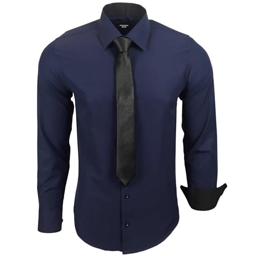 Subliminal Mode - Chemise Homme Manches Longues Col Bicolore Uni + Cravate Noir Chemise Coupe Ajusté Business Repassage Facile RN77 Bleu Marine XXL