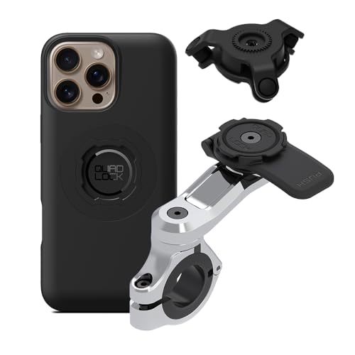 Quad Lock Motorcycle Handlebar Phone Mount PRO Chrome with Vibration Dampener and MAG Phone Case for iPhone 16 Pro Max