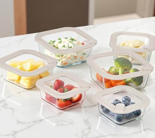 EcoEvo Glass Food Containers with Glass Lid, Microwave Safe Food Storage Container Set, 6 Pack Square Shape, Large Size Airtight Storage Set with Leak Proof Lids, Meal Prep Containers
