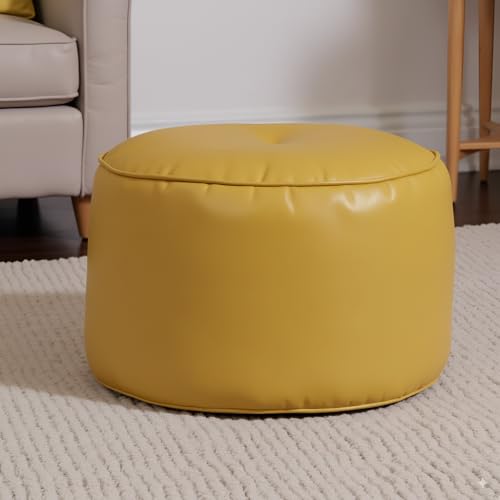 Image of Premium Faux Leather Footstool /Footrest /Pouffe | EPS Beans Filled | Ready to Use | Soft Cushioned Ottoman | Durable Leatherette Finish | Living Room, Bedroom & Office Color- (Yellow)