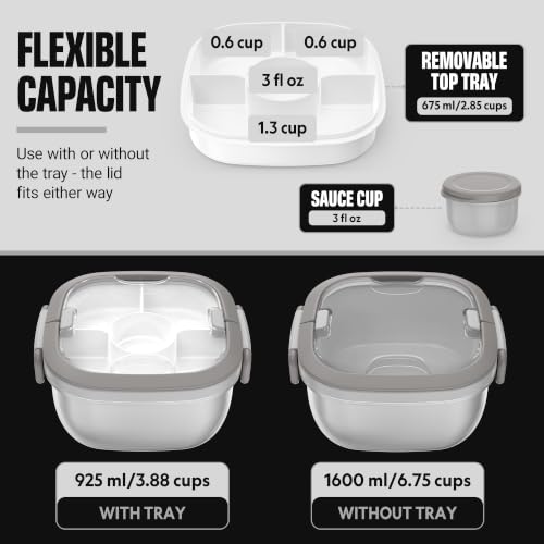 Image of Salad Container with Ice Pack & Handle, 6.8 Cup / 1600ml Large Portable Salad Bowl Lunch Box with Lid, Fork Holder & Sauce Cup, 4-Compartment Removable Tray Meal Prep Bento Box, Gray