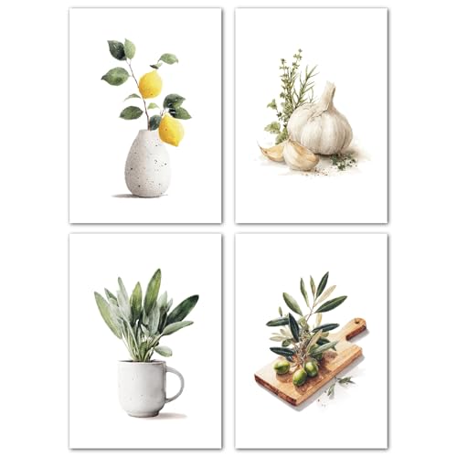 LAVEMA Lot de posters A4 (21 x 30 cm) - Décoration murale pour cuisine - Décoration murale élégante - Vintage - Plantes vertes - Sans cadre photo