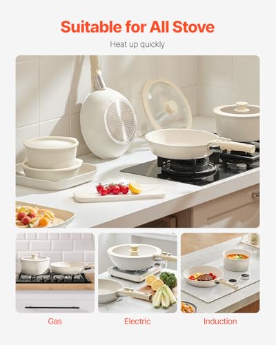 VEVOR 17 Piece Pots and Pans Set Nonstick, Detachable Handle Cookware, Space Saving Induction cookware Set, Kitchen RV Cooking Sets, with Frying, Sauce, Saute, Tempered Glass Lids, Oven Safe, White - Image 6