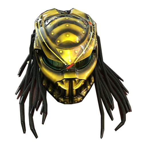 XINLIFE Predator Motorcycle Helmet, Motorcycle Full Face Helmet with Hair Braid and LED Light for Outdoor Riding Or Club Parties, and Angle Acting Prop, DOT Certified,Yellow wasp,XL
