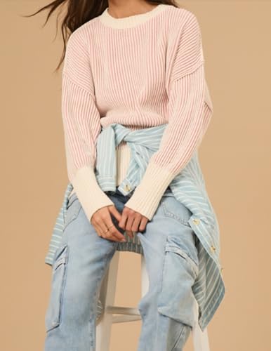 Image of Zeagoo Women 2026 Fall Lightweight Oversized Sweater Crew Neck Long Sleeve Color Block Pullover Rib Knit Blouse Tops XS-2XL