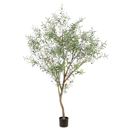 Realead Olivo sintético de 7 pies – Olivo alto artificial para interiores – Árbol de seda de olivo artificial en maceta con ramas de olivo naturales y hojas realistas – Olivo artificial para