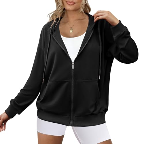Zeagoo Womens Oversized Lightweight Zip Up Hoodies Long Sleeve Fall Casual Trendy Sweatshirts Jacket with Pocket Black
