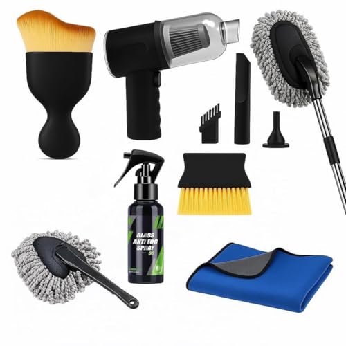 7 PCS Car Cleaning Kit with 3-in-1 Mini Vacuum Cleaner, Microfiber Cloth,Big Duster,Car Cleaning Anti-Fog Spray,Wheel Brush,AC Vent Brush&Interior Cle