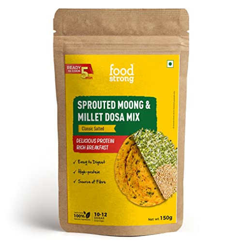 Image of Foodstrong Sprouted Moong Instant Chilla /Dosa Mix with the Goodness of Millets, Healthy Delicious Breakfast, 22 g Protein, 5 g Fibre, Easy to Digest, 150 g (Classic Salted)