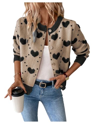 Image of GORGLITTER Women's Heart Long Sleeve Button Down Cardigan Sweater Fall Trendy Dressy Color Block Knit Short Cardigans