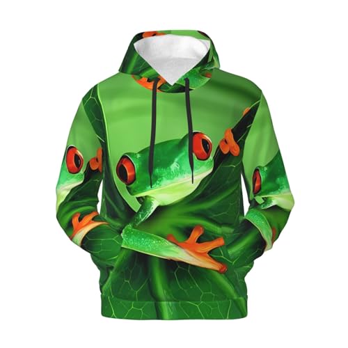 Men's Fleece Pullover Hoodies, Cute Frog Printed Casual Drawstring Hooded Sweatshirts Hoodies - Main Image