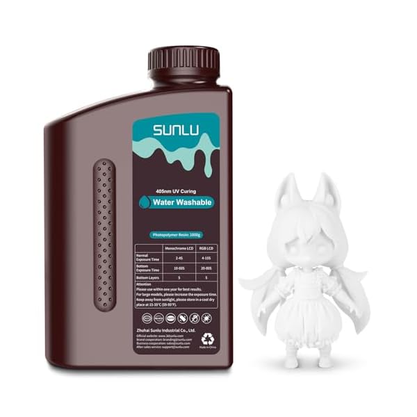 SUNLU Résine pour Imprimante 3D Lavable à l'eau, 405nm UV Résine Photopolymère 3D à Durcissement Rapide pour Résine Imprimante 3D 2K 4K 8K LCD DLP SLA
