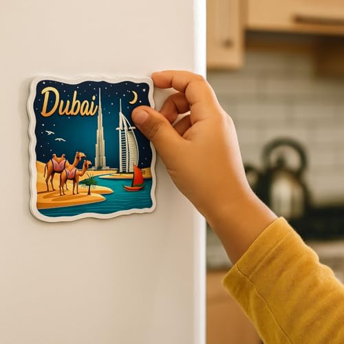 Image of Naxon Dubai Souvenir Wooden Fridge Magnet - 3x3 Inch Travel Collectible Refrigerator Magnet | Burj Khalifa, Palm Jumeirah, Desert Safari Design | Wooden Kitchen Decor & Gift | Pack of 1