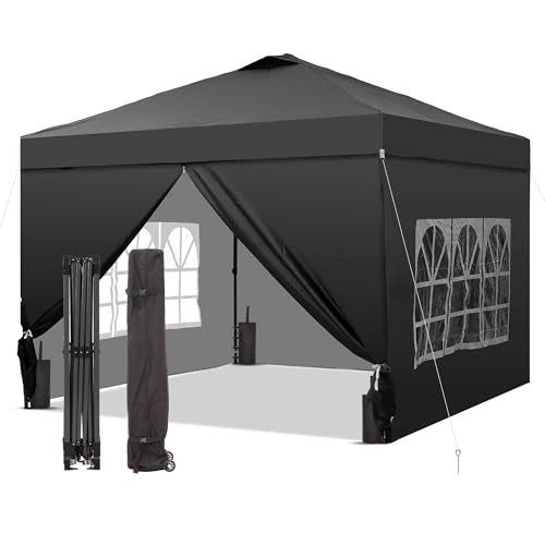 GDY 12x12 Pop Up Canopy Tent with 4 Sidewalls, Easy Set up with One Push Lift Outdoor Silver Coated Beach Gazebos, Carpas for Pool, Events, Parties, and Camping, Black.