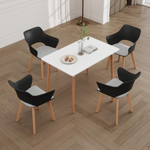 GrandCA HOME Juego de Mesa y Sillas de Comedor Nórdicas, Mesa de Comedor Rectangular Moderna, 4 Sillas de Cocina Tapizadas, para Comedor, Salón, Cocina (Blanco + Negro)