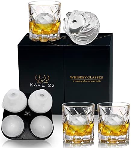 KAVE 22 Spinning Glass Set – Elegant and Refined 4pcs Spinning Whiskey Glasses, and Ice Ball Mold – Luxurious Thick Rotating Whiskey Glass - Rotating Old-Fashioned Bourbon Glass
