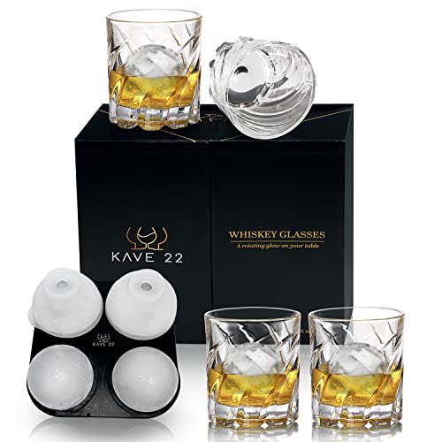 Kave 22 Spinning Glass Set – Elegant And Refined 4Pcs Spinning Whiskey Glasses, And Ice Ball Mold – Luxurious Thick Rotating Whiskey Glass - Rotating Old-Fashioned Bourbon Glass #TOP1