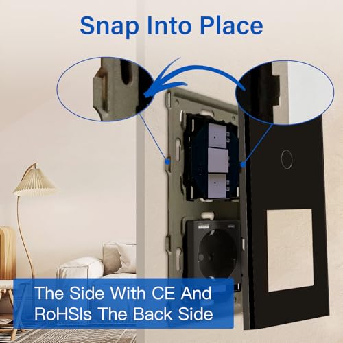 BSEED Touch Lichtschalter mit USB Steckdose Anschluss (Max. 2.1A) Typ C Port 1 Fach 1 Weg Wandschalter mit USB Steckdose Unterputz Lichtschalter mit Glasrahmen Schwarz (Nicht Smart Schalter)