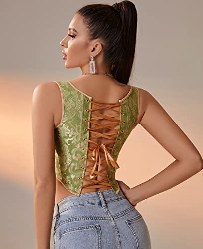 Image of Dreay Womens Vintage Asymmetrical Hem Overbust Corset Tie Front Lace-up Back Bustier Shapewear Top