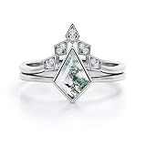 Moss Agate Engagement Ring for Women 1ct Kite Shaped Natural Moss Agate and Moissanite Engagement Ri