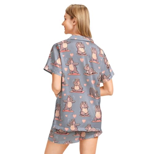Image of Funny Pajamas for Women Set Print Satin Loungewear Pjs Short Sleeve Button Down Top and Shorts Sets Sleepwear XS-3XL