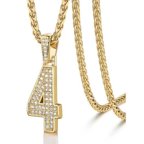 U7 Gold Initial Number Necklace for Men Women, 18K Gold/Silver Plated Diamond CZ Letter Pendant Necklace Big A-Z 0-9 Hip Hop Jersey, Customerized Letter Wheat Chain 22 Inch for Athletes Rapp