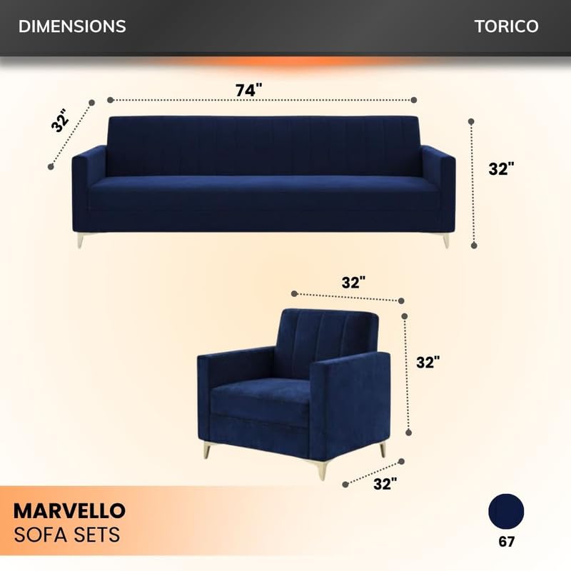 Image of Marvello 3+1+1 Fabric Sofa Set for Living Room | Soft Velvet Upholstery, Sturdy Wooden Frame | Stylish Sofa for Hall & Office Spaces (Dark Blue)