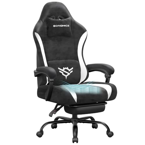 SONGMICS Gaming Stuhl Ergonomischer Bürostuhl aus Polyester mit Fußstütze und Lendenkissen 135 Neigung belastbar bis 150 KG Schwarz und Weiß Cathy Kollektion OBG092BH01