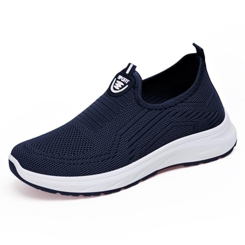 Toumov Women Running Shoes Breathable Mesh Knitted Woven Low Top Walking Shoes Slip On Tennis Sneakers Non Slip Work Comfortable Fashion Shoe for Indoor Outdoor Navy