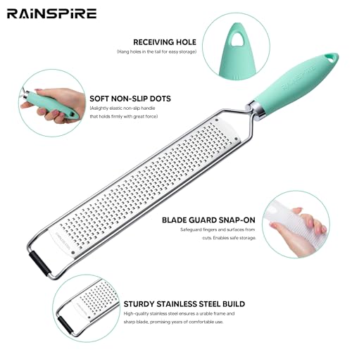Image of Rainspire Zester Grater with Handle, Lemon Zester Cheese Grater for Kitchen Stainless Steel, Parmesan Cheese Garlic Nutmeg Chocolate Fruits Vegetables Ginger Grater, Fine, Mint Green