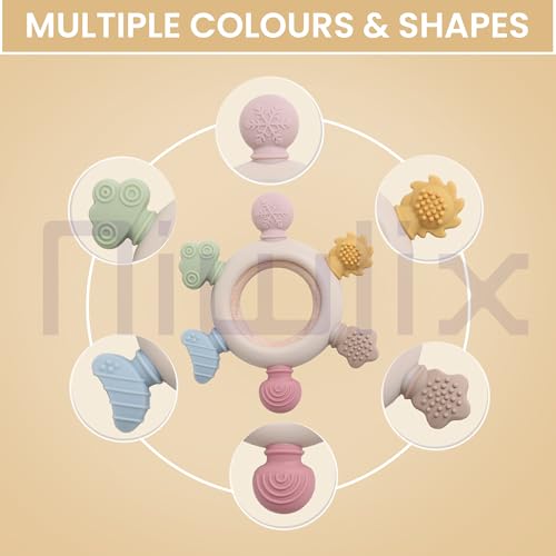 Image of Niwlix Silicone Baby Teething Ring, Multi-Coloured Textured Sensory Toy with 6 Soothing Elements Baby Teether 6-12 Months Soft