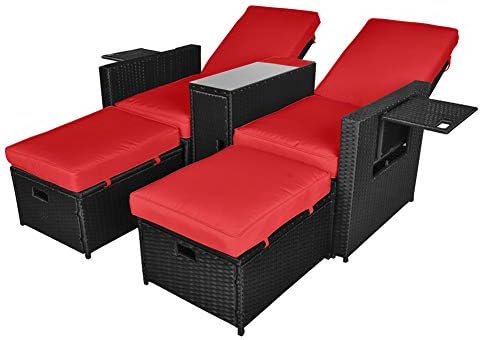 5PCS Outdoor Wicker Chaise Lounge Chair - Rattan Adjustable Reclining Patio Lounge Chair with Ottoman and Coffee Table, for Patio Beach Pool Backyard (Black Wicker Red Cushion)