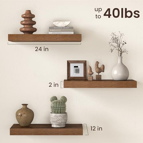 Image of Fun Memories 12 Inch Deep Floating Shelf, 24 x 12 Rustic Wood Wall Shelf for Books, 2 inch Thick Deep Floating Shelf for Storage & Display in Kitchen, Living Room, Bedroom, Rustic Brown, 2 Packs