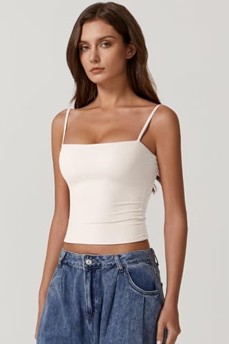 Image of QINSEN Women's Double Lined Basic Tank Top Adjustable Spaghetti Straps Sleeveless Camisole Shirts