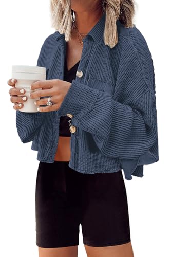 Image of Panadila Women's Cropped Waffle Knit Shacket Short Button Down Jacket Batwing Sleeve Shirts with Pocket