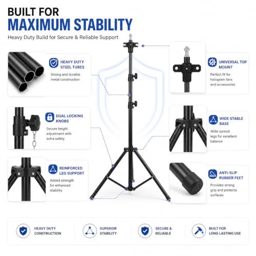 Image of TONZO Custom Portable 3D Hologram Fan Stand | Heavy Duty Adjustable Tripod up to 9 Feet | 150 lbs Load Capacity | Holographic Fan Display with Safety Lock Knob & Pin, Event, Retail Shop & Exhibition