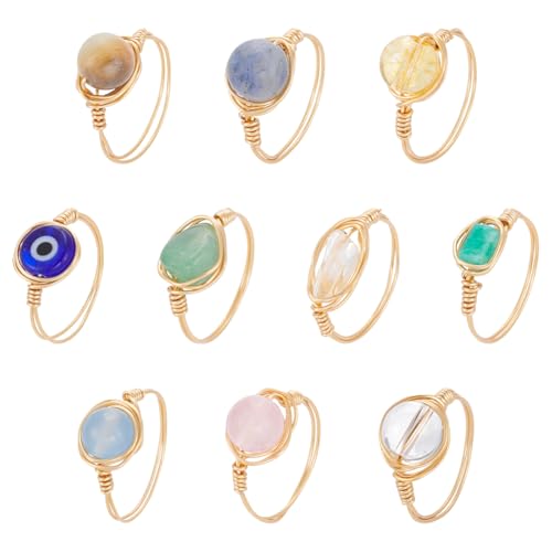 UNICRAFTALE 10 Pcs Bague en Cristal de Chakra 10 styles Bague de Pierres Précieuses Plaqué Or 18 carats Bagues Enroulé de Fil de Cuivre Enroulé...