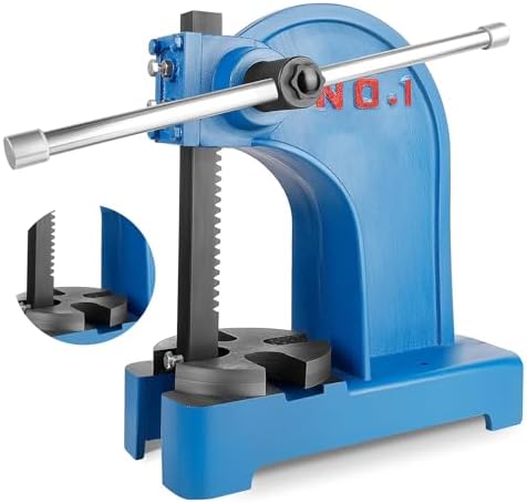Manual Arbor Press 1 Ton, Blue Cast Iron Desktop Tool with 5.5" Maximum Height, Removable Machined Steel Anvil for Stamping and Bending