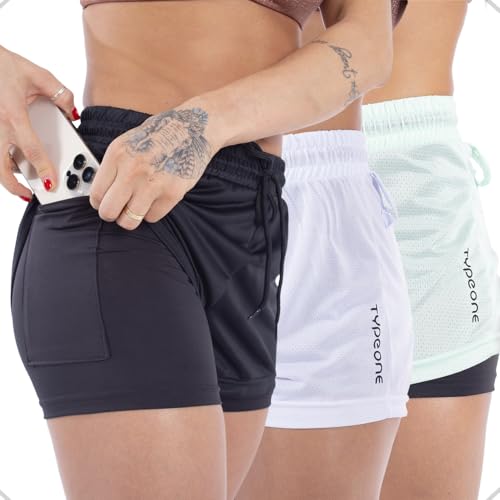 Kit 3 Shorts 2 em 1 Duplo Feminino Fitness com Bolso oculto para celular para Academia caminhada tre