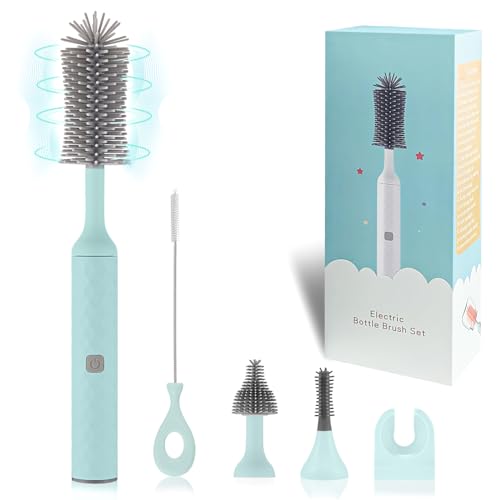 Image of WHNL Electric Bottle Brush, 4 Piece Bottle Brush Set with Baby Bottle Brush Cleaner, Nipple Brush, Pacifier Cleaner, Straw Cleaner Brush, Gifts for Newborns and Mothers, Blue