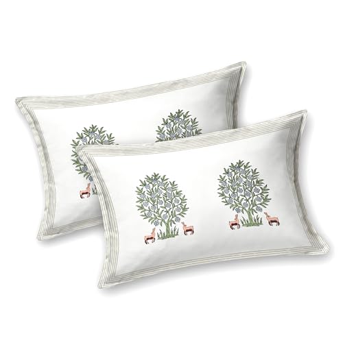 Image of DE CAMA Since 1997 | 100% Cotton 300 TC Premium Super King Size Bedsheet for Double Bed (108 x 108 Inch) with 2 Pillow Covers Set (17 x 27 Inch) Hand Block Printed Bedsheet Set - Green /White