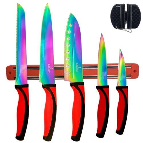 SiliSlick Buntes Edelstahl Messerset – Titanbeschichtetes Küchen Starter Set mit Allzweckmesser, Santoku, Brot, Koch- und Schälmessern mit...