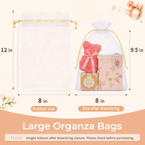 Image of Crweety 50PCS Organza Bags 8x12 Large White Mesh Gift Bags Gold Drawstring | Party Favor Goodie Bag Bulk, Jewelry Sachet Candy Treat Soap Makeup Pouches, Wrap for Wedding Baby Shower Birthday Halloween