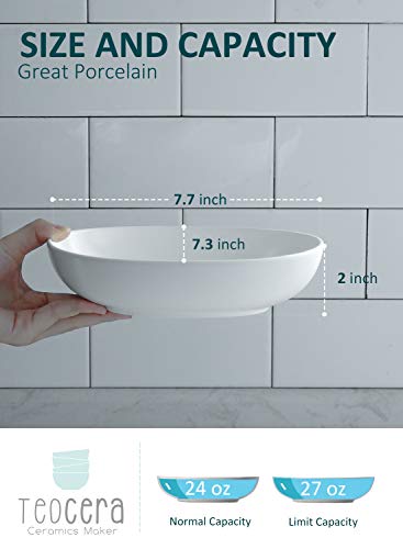 Wide and Shallow Porcelain Salad and Pasta Bowls Set of 6-24 Ounce Microwave and Dishwasher Safe Serving Dishes, Matte White