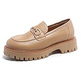 MACNMEUU Platform Loafers for Women Chunky Heel Lug Sole Loafers Slip ons Round Toe Nude, Size 7.5