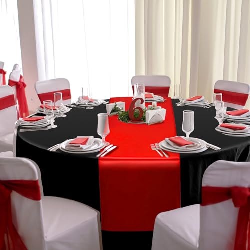 Image of 12Pack 12x108 Inch Satin Table Runner and 84 Inch Round Plastic Tablecloths Set Black and Red Disposable Round Table Cover for Graduation Wedding Bridal Shower Anniversary Birthday Party Decorations